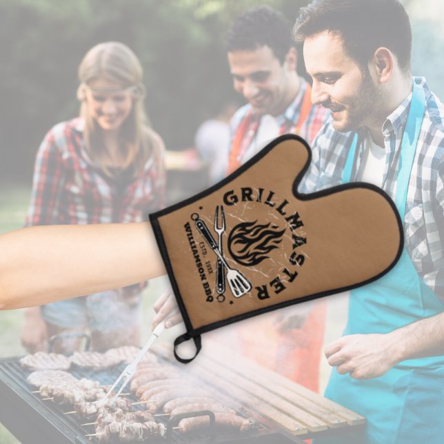 Rustic GRILLMASTER Custom Brown and White Oven Mitt & Pot Holder Set (Grill Master Oven Mitt design on an arm with a backyard BBQ.)