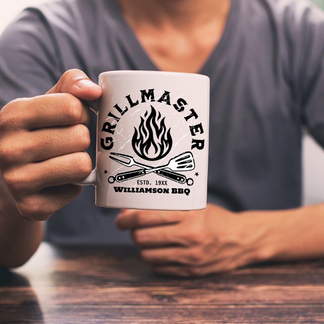 Rustic GRILLMASTER / Dad Jokes Custom  Coffee Mug (Man holding a Grill Master Design mug.)