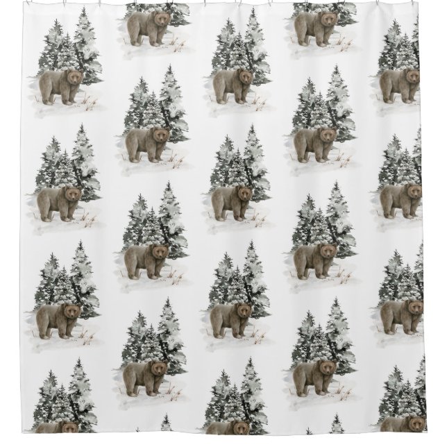 Rustic Grizzly Bear Woodland Forest Snow Shower Curtain (Front)