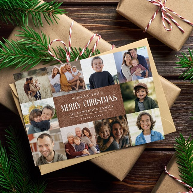 Rustic Grunge Brown Christmas 10 Photos Collage Holiday Card (Creator Uploaded)