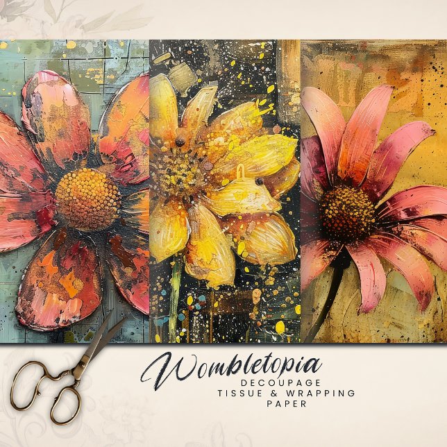 Rustic Grunge Gold Pink Abstract Floral Decoupage Wrapping Paper Sheet (Creator Uploaded)