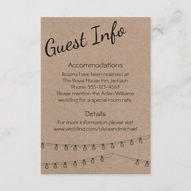 Rustic Guest Information with lights on kraft Enclosure Card (Front)