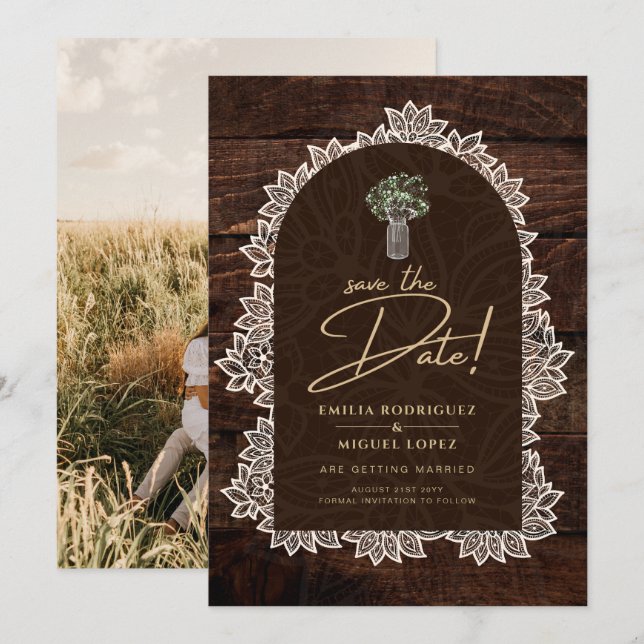Rustic Gypsophila Lace PHOTO WEDDING INVITATION (Front/Back)