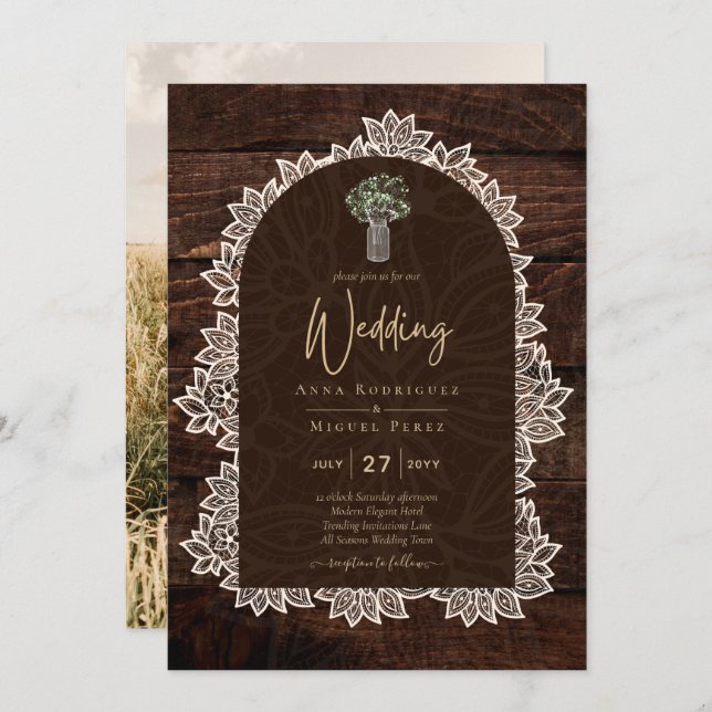 Rustic Gypsophila Lace PHOTO WEDDING INVITATION (Front/Back)