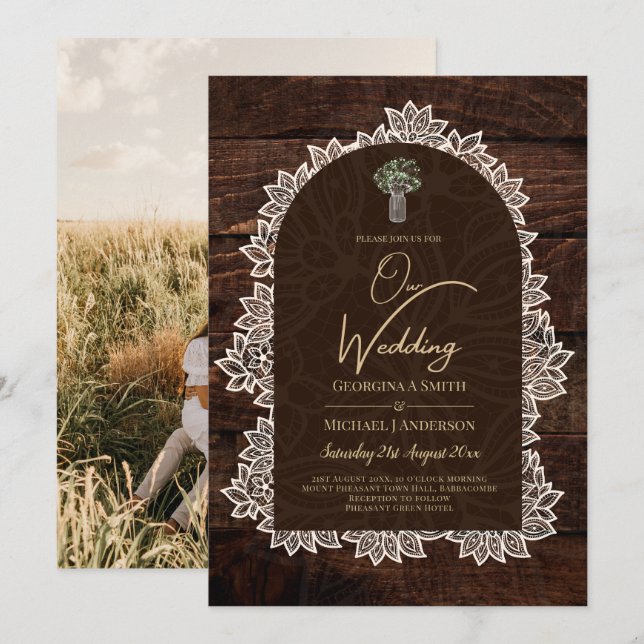 Rustic Gypsophila Lace PHOTO WEDDING INVITATION (Front/Back)