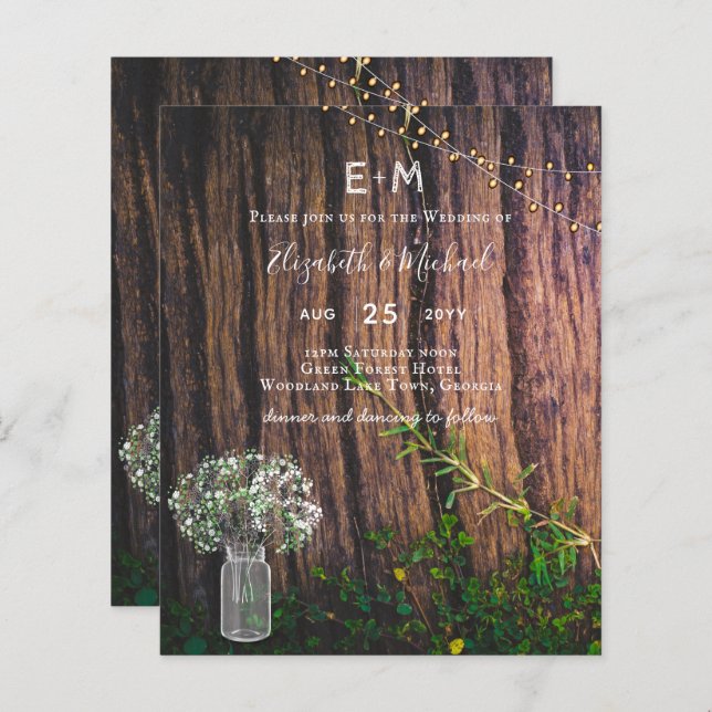 Rustic Gypsophila Lights Mason Jars BUDGET Invite (Front/Back)