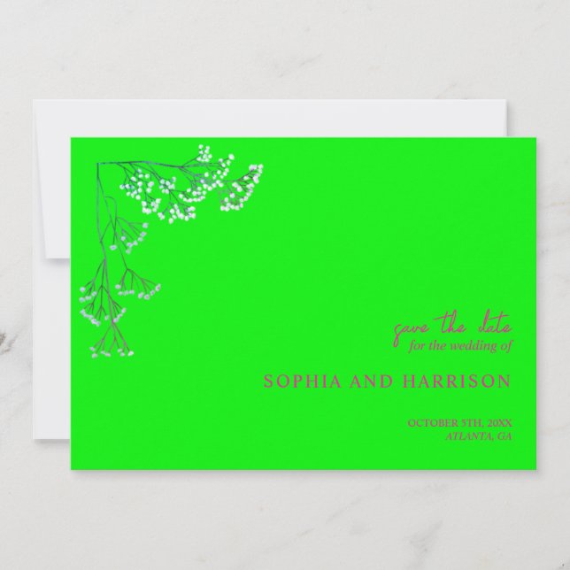 Rustic Gypsophila Neon Green Wedding Save The Date (Front)
