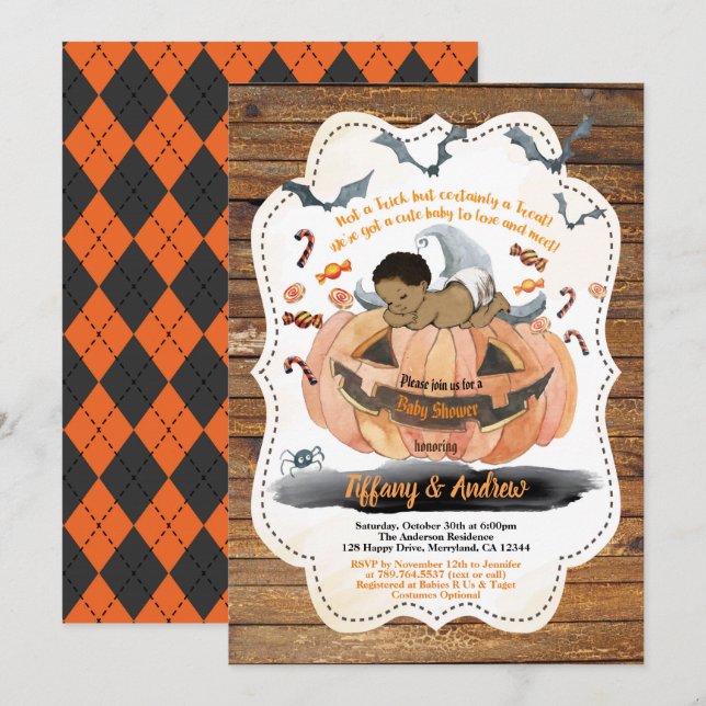 Rustic Halloween baby boy shower pumpkin spooky Invitation (Front/Back)