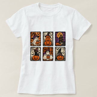 Rustic Halloween Grid Outfit Vintage Ghost Pumpkin T-Shirt