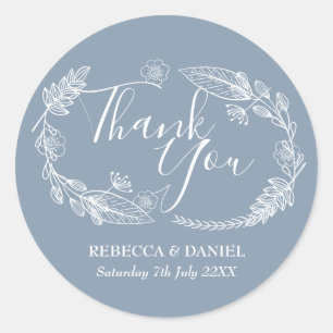 Rustic Hand-drawn Floral Garland Script Thank You Classic Round Sticker