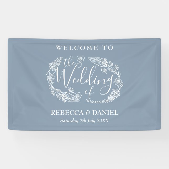 Rustic Hand-drawn Floral Garland Script Wedding Banner (Horizontal)