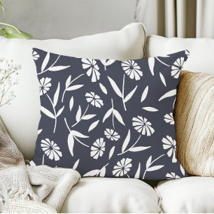 Rustic Hand Drawn Flowers Navy Blue Cushion