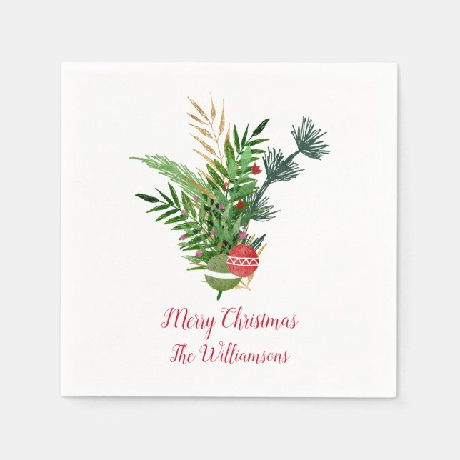 Rustic Hand Drawn Foliage Bouquet  Merry Christmas Napkin (Front)