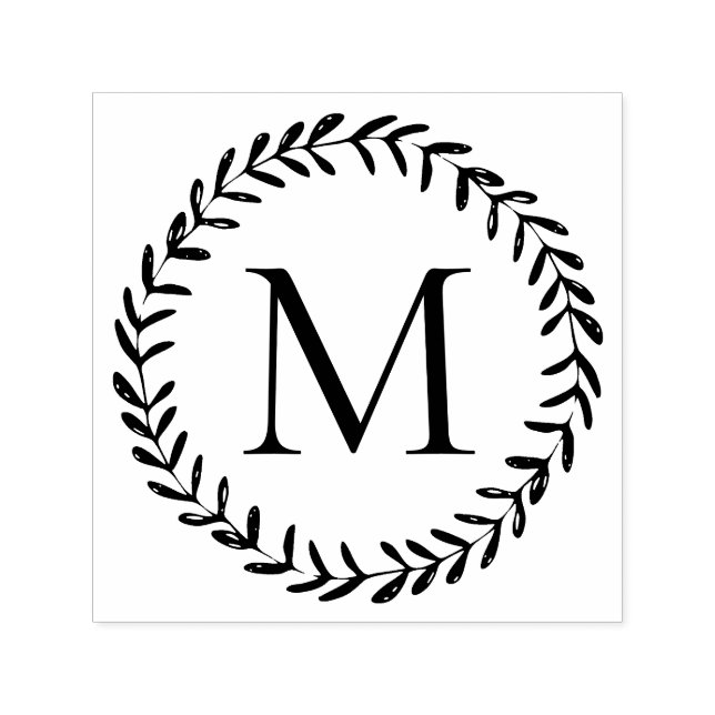 Rustic Hand Drawn Foliage Wreath Custom Monogram Self-inking Stamp (Design)