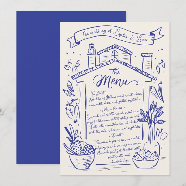 Rustic Hand Drawn Italian Wedding Menu Blue Cream (Front/Back)