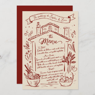 Rustic Hand Drawn Italian Wedding Menu Red Cream