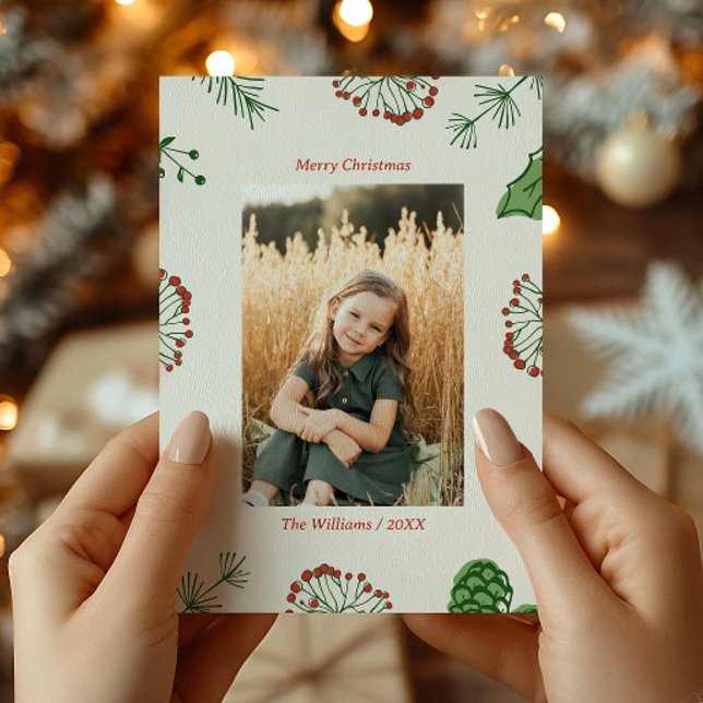 Rustic Hand-Drawn Mistletoe Pine Christmas Photo  Holiday Card (Creator Uploaded)