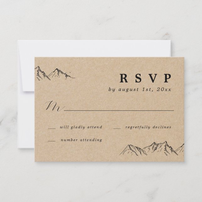 Rustic Hand-drawn Mountains & Trees Wedding RSVP Card (Front)
