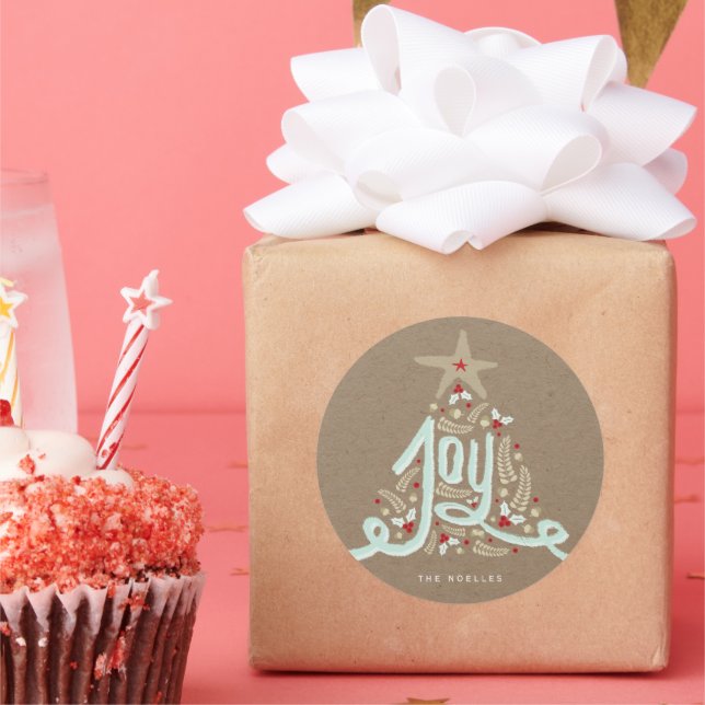 Rustic Hand Lettered Joy Calligraphy Kraft Holiday Classic Round Sticker (Party)