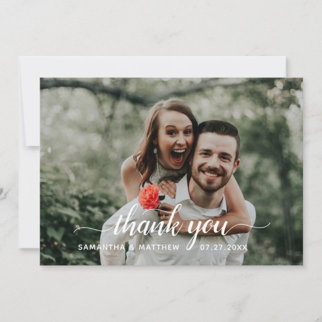 Rustic Hand Lettered Script Photo Wedding  Thank You Card (Front)