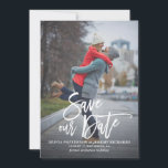 Rustic Hand Lettering Photo Save Our Date II Save The Date<br><div class="desc">A stylish vertical save the date flat card featuring rustic modern calligraphy with white and grey stripes pattern. Personalise this card by adding your own photo and details. A flat card version is available.</div>