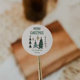 Rustic Hand Painted Green Abstract Christmas Trees Classic Round Sticker