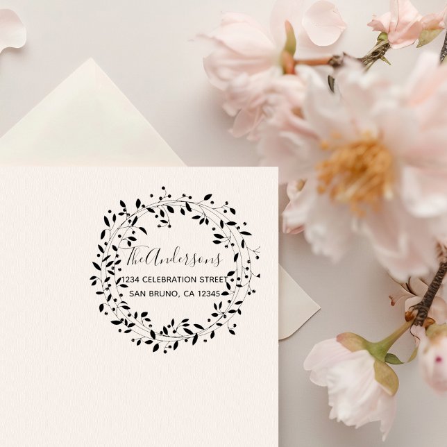 Rustic Handdrawn Botanical Wreath Return Address Rubber Stamp (Creator Uploaded)