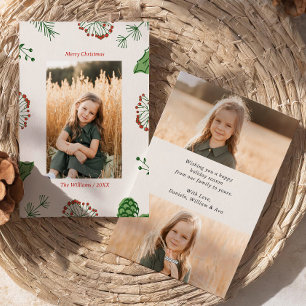 Rustic HandDrawn Mistletoe Pine Christmas 3 Photo Holiday Card