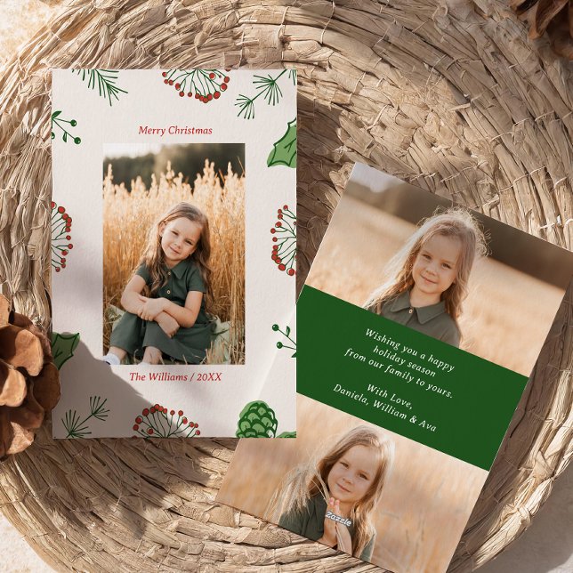 Rustic HandDrawn Mistletoe Pine Christmas 3 Photo  Holiday Card (Creator Uploaded)