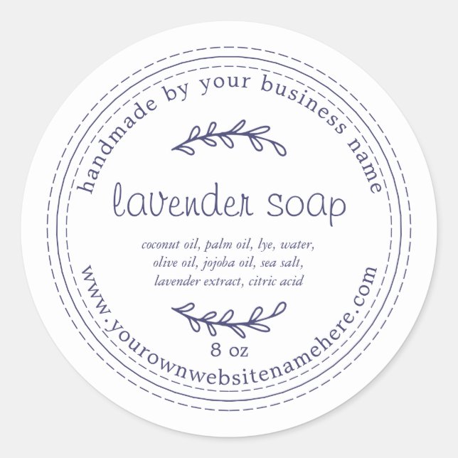 Rustic Handmade Lavender Soap Navy Blue White Classic Round Sticker (Front)