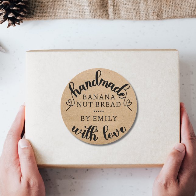 Rustic Handmade with Love Script Heart Kraft paper Classic Round Sticker (Creator Uploaded)
