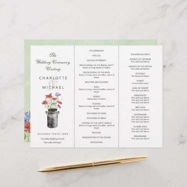 Rustic handpicked flowers Tri-Fold wedding program (Front/Back In Situ)