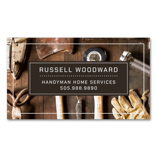 Rustic Handyman Carpenter Tools Of Trade Magnetic Business Card (Front)