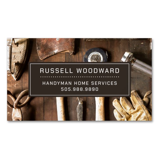 Rustic Handyman Carpenter Tools Of Trade Magnetic Business Card (Front)