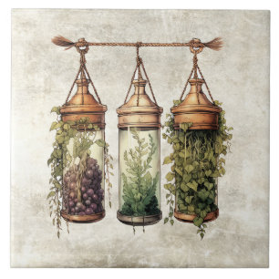 Rustic Hanging Herbs Grapes Watercolors Tile