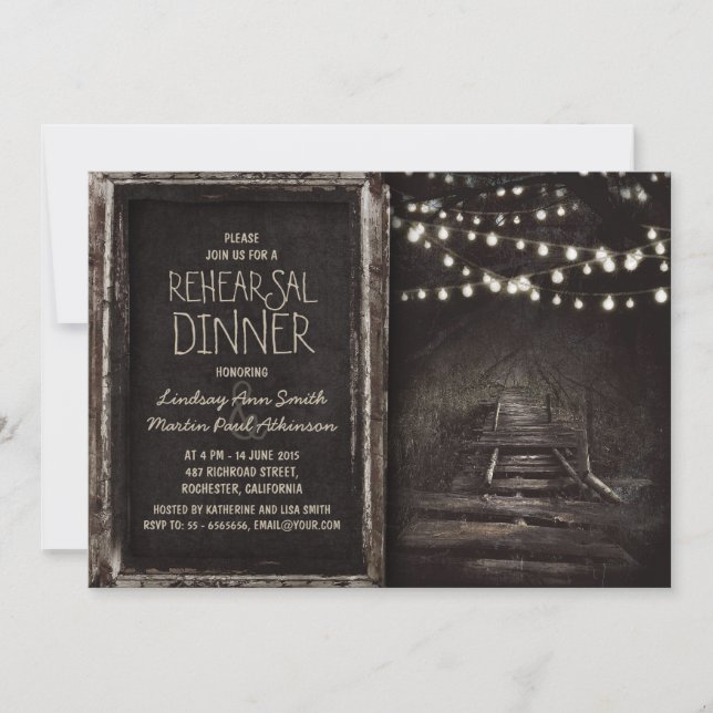 rustic hanging lights tree path rehearsal dinner invitation (Front)