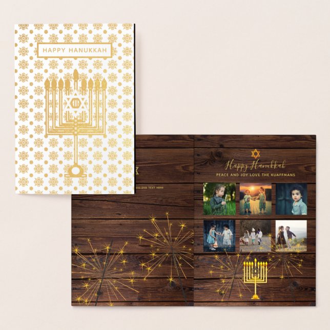 Rustic Hanukkah Photo Collage Real Gold Foil Foil Card (Display)