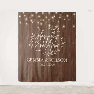 Rustic Happily Ever After String Lights Wedding Tapestry