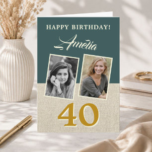 Rustic Happy 40th Birthday 2 Photos Card