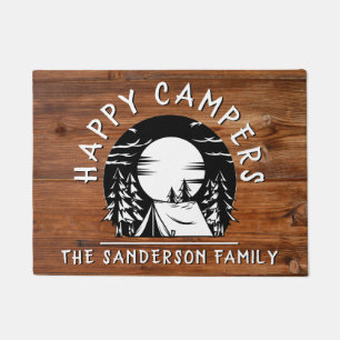 Rustic Happy Campers Family Name Tent Pine Trees Doormat
