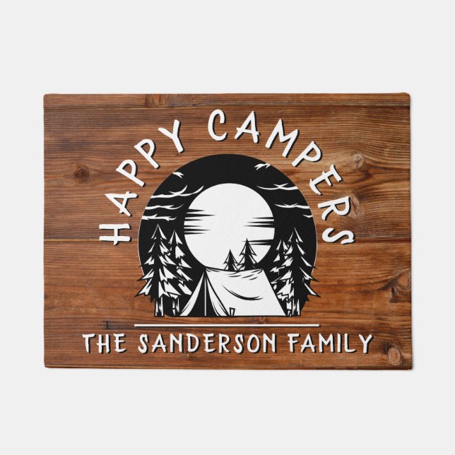 Rustic Happy Campers Family Name Tent Pine Trees Doormat (Front)