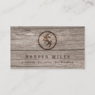 rustic happy dog logo etched in wood business card