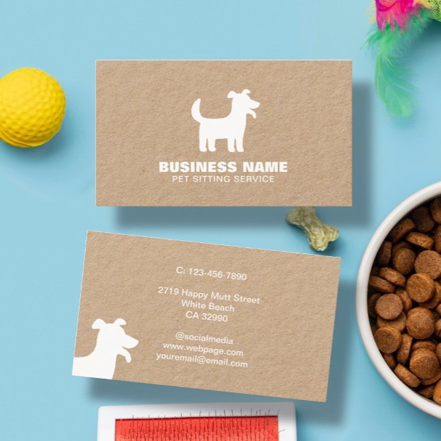 Rustic Happy Dog White Silhouette Logo Pet Service Business Card (Creator Uploaded)