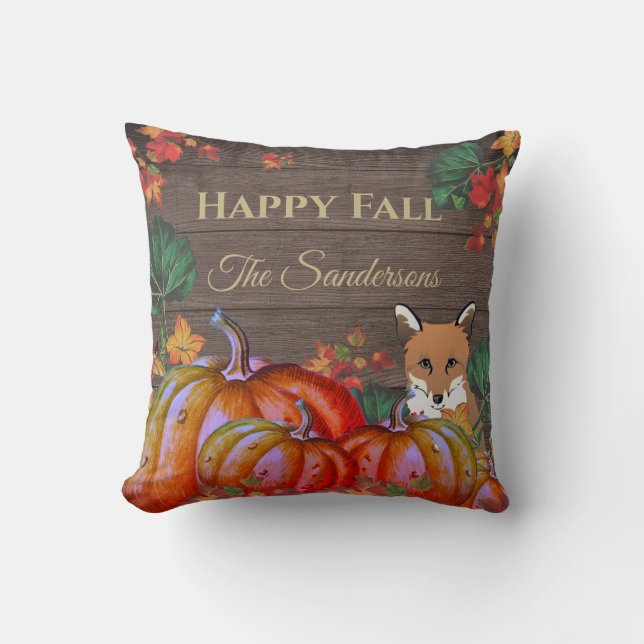 Rustic Happy Fall Orange Pumpkin Fall Fox Wood Thr Cushion (Front)