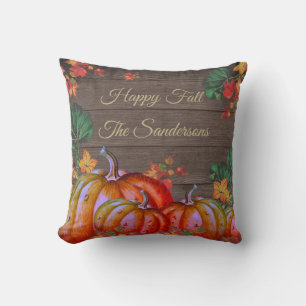 Rustic Happy Fall Orange Pumpkin Fall Leaves Wood Cushion