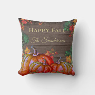 Rustic Happy Fall Orange Pumpkin Fall Leaves Wood  Cushion