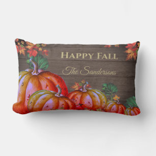 Rustic Happy Fall Orange Pumpkin Fall Leaves Wood  Lumbar Cushion