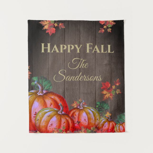 Rustic Happy Fall Orange Pumpkin Fall Leaves Wood  Tapestry (Front)