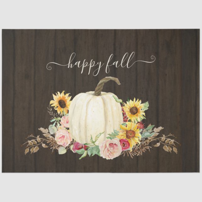 Rustic Happy Fall Sunflower Floral White Pumpkins Tissue Paper (Front)