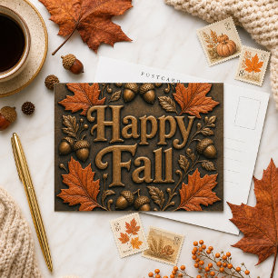 Rustic Happy Fall with Autumn Leaves and Acorns Postcard